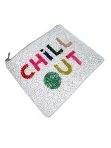 Bolso Rectangular de Algodón Bordado a Mano con Cuentas, Diseño Floral con Texto 'Chill Out', Cierre de Cremallera Blanco - Product Image 3