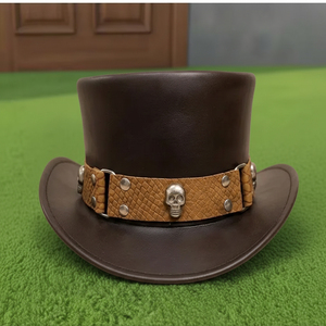 Diseña tu propio sombrero de copa de cuero marrón hecho a mano de calidad premium, estilo steampunk gótico para motociclistas y festivales. - Product Image 4