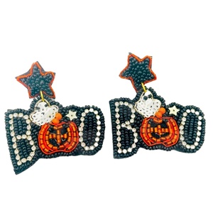 Pendientes de cuentas Halloween Boo Duo para mujer, día conmemorativo patriótico, Material de tela de Color naranja, blanco y azul - Product Image 1