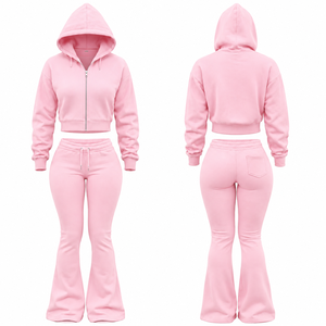 Custom Logo Women Flare Tracksuit Chic Streetwear Cropped Zip Hoodie Flare <b>Sweatpants</b> <b>Set</b> Premium Fashion Womens Sweat <b>Set</b> - Product Image 1