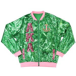 AKA <b>Sequin</b> <b>Jacket</b> Green Pink Sorority Bomber <b>Jacket</b> Glitter Zip Up Women Fashion Statement Party <b>Jacket</b> Trendy Outfit - Product Image 1