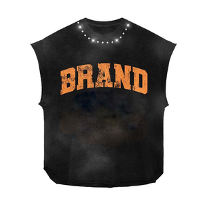 Women Sleeveless T Shirt Premium Cotton Jersey 180 GSM Acid Wash Blue <b>Studded</b> Neck Distressed Print Custom Logo Streetwear - Product Image 2