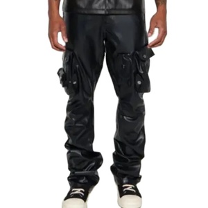 Pantalon en cuir unisexe High Street Design de niche plissé de style américain Pantalon long droit ample teint en plaine - Product Image 1