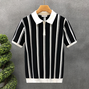 เสื้อโปโลผ้าไหมสไตล์เกาหลีสำหรับผู้ชายระบายอากาศได้ดีสำหรับฤดูร้อนธุรกิจลำลองเสื้อถักลายแนวตั้ง - Product Image 5