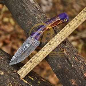 Cuchillo de Caza de Hoja Fija de Acero de Damasco, Punta Caída, Borde Biselado, Mango Morado, Cuchillo para Acampar al Aire Libre - Product Image 2
