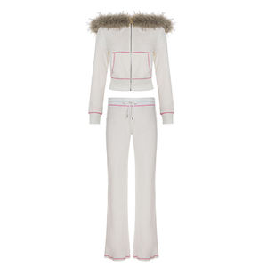 Ensemble de survêtement streetwear en velours pour femme, col à capuche, pantalon en tricot contrasté, ensemble de mode éco-responsable - Product Image 5