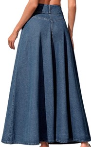Jupe longue en jean taille haute pour femme, coupe trapèze, couleur unie, boutonnée sur le devant, décontractée, coupe ample, en tissu de coton délavé, style printemps - Product Image 5