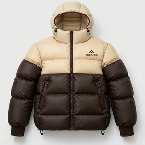 Men's Beige Brown Hooded Puffer Jacket <b>Warm</b> Quilted Winter Outdoor <b>Coat</b> Lightweight <b>Waterproof</b> Jacket One Apex - Product Image 1