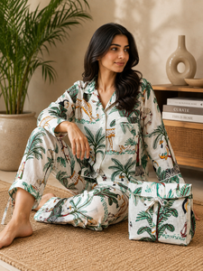 Conjunto de Pijama de 3 Piezas para Mujer, Estampado Animal Safari, Ecológico, 100% Algodón, Ropa de Dormir con Estampado de Leopardo y Cebra - Product Image 1
