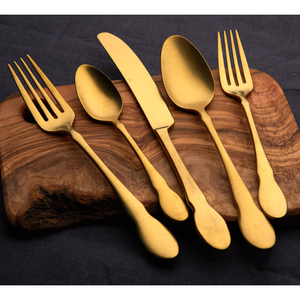 Juego de cubiertos de acero inoxidable dorado de alta calidad, tradicional, de lujo, pulido a espejo, tenedor, cuchillo, cuchara, sostenible, chapado, a bajo precio. - Product Image 4