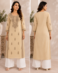 Beige Embroidered Straight Elegant Sand Beige Embroidered <b>Kurta</b> Set Buy Direct From Supplier - Product Image 4