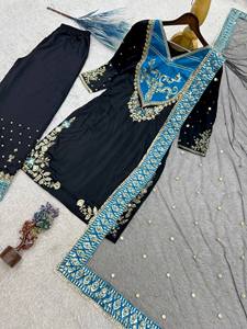 Conjunto de Kurta y Palazzo de Algodón Negro con Bordado Azul Dorado y Dupatta de Tela, Ropa Tradicional India y Pakistaní, Atuendo Casual para Mujer - Product Image 6