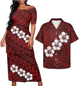 Ensemble 2 pièces personnalisé OEM grande taille : Robe Puletasi col rond pour femme et chemise col rigide pour homme, motif îles du Pacifique, pour couples - Product Image 1