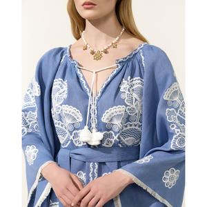 Women Blue Cotton <b>Maxi</b> Dress <b>White</b> Embroidery Full Sleeve V Neck Tie Waist Boho Dress - Product Image 2