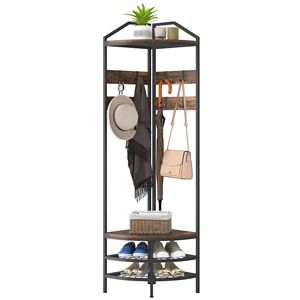 Perchero Industrial de 4 Niveles con 8 Ganchos Móviles y 2 Estantes, Perchero Esquinero Rústico Marrón con Almacenamiento para Zapatos para el Pasillo - Product Image 1