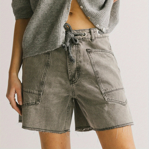 Shorts cargo personnalisables pour femme, taille mi-haute, cordon de serrage, coupe droite, en coton délavé, style décontracté, logo personnalisé, 160g - Product Image 6