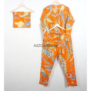 Conjunto de Pijama de Algodón con Estampado Floral Naranja para Mujer, Hecho a Mano, Manga Larga, Cuello en V, Cintura con Cordón Ajustable, Ropa de Dormir Informal de 2 Piezas - Product Image 2