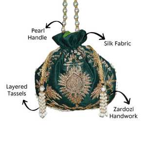 Handmade Synthetic Brocade Silk Round Potli <b>Purse</b> with Cotton Floral Embroidery and Pearl Beading for Wedding Decoration - Product Image 2