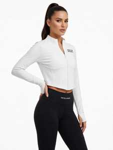 ONETEN APPAREL <b>Women</b> <b>White</b> Half Zip Yoga Jacket <b>Long</b> <b>Sleeve</b> Crop <b>Top</b> Breathable Athletic Front Logo - Product Image 1