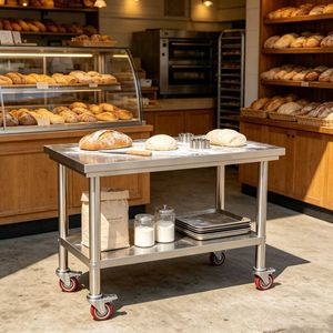Tavolo da Lavoro Regolabile in Metallo per Isola Cucina con Ripiano - Product Image 1