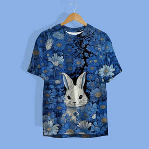 <b>Men's</b> Blue <b>Floral</b> Bunny Print 100% Cotton Jersey Short Sleeve O-Neck <b>T</b>-<b>Shirt</b> - Product Image 1