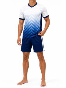 Ensemble de football pour hommes, maillot à col en V à manches courtes, dégradé bleu et blanc, avec short marine, polyester respirant, coupe athlétique - Product Image 4