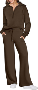 Women Tracksuit Solid Color Hooded Half-<b>Zip</b> <b>Sweatshirt</b> And Drawstring Pants Set Loose Fit <b>Full</b> Length Casual Autumn Wear - Product Image 3