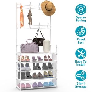 5-Tier Freestanding Coat Rack 8 Removable <b>Hooks</b> Dustproof Entryway Hall Tree Shoe Rack for Front <b>Door</b> <b>Bedroom</b> Entryway Includes - Product Image 3