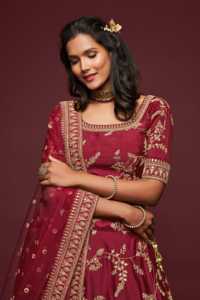 <b>Maroon</b> Organza Embroidered Lehenga Choli With Floral Gold Work Boat Neck Short Sleeve Floor Length A-Line Bridal <b>Dress</b> 7802 - Product Image 4