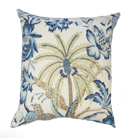Funda de Cojín Estilo Hamptons con Estampado Vintage de Palmeras y Flores, Funda de Cojín Cuadrada para Decoración del Hogar, Patrón Azul y Crema
