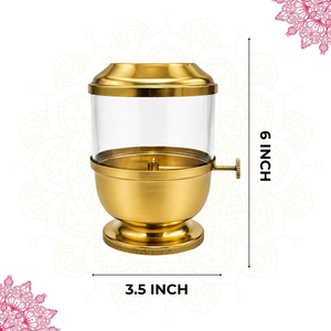 Lampe à huile traditionnelle Klassic Akhand Jyoti Diya en laiton pur de 6 pouces avec couvercle en verre et bouton de réglage de la mèche pour le temple Pooja - Product Image 3