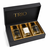 Coffret Cadeau de Parfum de Luxe 3-en-1 Étanche, Emballage Personnalisé en Carton Noir Nuit, Lamination Mate, Séparateurs Dorés, Mini