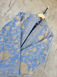 Blue Hand Embroidered Floral <b>Velvet</b> Breathable Eco-Friendly Winter Full Sleeve O' Neck Collar Women's Jacket Cotton Material - Product Image 4