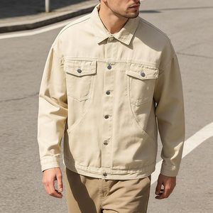 Men's Beige Denim Jacket Regular Fit Solid Color Button Closure Casual Style Autumn Wear 100% Cotton - Product Image 2