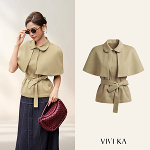 Blusa Elegante Color Caqui con Cuello Peter Pan y Cinturón de Tela a Juego para Mujer, Estilo Casual de Oficina para Otoño e Invierno, DARCY - Product Image 1