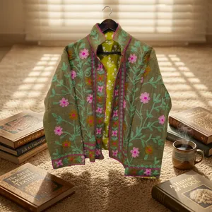 Chaqueta Suzani de Algodón con Bordado Floral a Mano, Cuello Alto, Manga Larga, Transpirable, para Primavera, Otoño e Invierno, para Mujer - Product Image 1