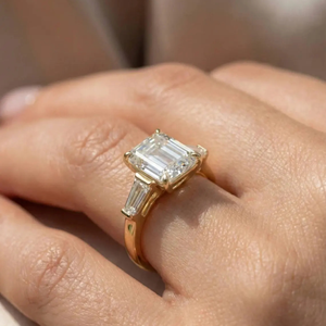 3 Carat lab grown <b>diamond</b> <b>ring</b> Tree stones emerald engagement <b>ring</b> Baguette side stone gift for her - Product Image 5