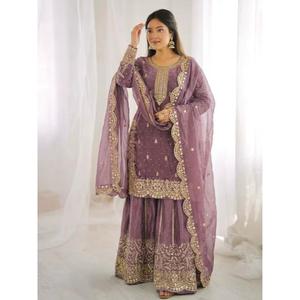 Designer Mauve Purple Sharara Suit Set with Dupatta Heavy Embroidery Sequence Work Festive Wedding <b>Party</b> Wear Outfit - Product Image 1