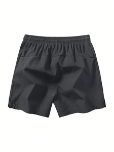 Pantalones Cortos Deportivos para Hombre, Negros, Tejidos, con Cintura Elástica, Bolsillos, Secado Rápido, Color Sólido, Corte Medio, Estilo Casual - Product Image 2