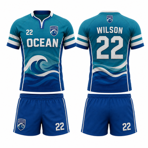 Maillot de rugby sublimé à col en V, manches courtes, pour adultes, jeunes, femmes, unisexe, garçons, filles, avec option nom, numéro, logo et illustration, en kit. - Product Image 1