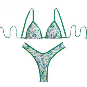Custom Floral Print Bikini Set with Green <b>Trim</b> Adjustable String Top and Matching Briefs Two Piece Swimwear for Women Chic Beach - Product Image 6