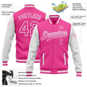 Custom Pink <b>White</b> Varsity Letterman <b>Jacket</b> Wholesale Two Tone Full Snap Bomber Unisex College Team Fashion Streetwear Coat - Product Image 2