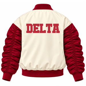 Delta | Sigma |   Chaqueta universitaria Theta para mujer con bloques de color, botones frontales con letras griegas, mangas abullonadas fruncidas, estilo bomber. - Product Image 4
