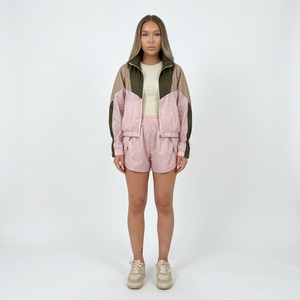 Conjunto Deportivo de 2 Piezas para Mujer, Color Rosa, Verde Oliva y Negro, Chaqueta Corta y Pantalones Cortos de Satén, Corte Holgado, Estilo Casual - Product Image 4