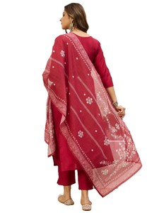 Ensemble 3 pièces Salwar Kameez traditionnel pour femme en soie romaine, Kurta droite, pantalon et Dupatta Chanderi – Tenue de mariage indienne et pakistanaise - Product Image 4