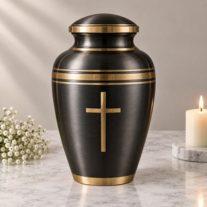 Urna Funeraria Negra Elegante con Cruz Dorada Metálica, Textura Cepillada y Diseño de Banda Decorativa a Rayas - Product Image 1