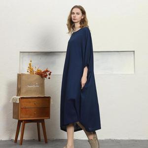 Bohemian Navy Blue Plain Cotton Linen Maxi <b>Dress</b> With O-Neck <b>Loose</b> Fit 3/4 Sleeve Boho Style Summer Casual <b>Dress</b> For Women - Product Image 3