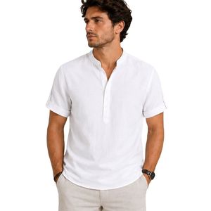 Chemise Henley pour homme en lin mélangé, col mandarin blanc, manches courtes, décontractée, respirante, minimaliste, pull-over, personnalisable OEM - Product Image 1