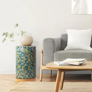 Natural Shell Mosaic Cylinder Accent <b>Stools</b> Mother of Pearl Stylish Hand Made Wooden <b>Stool</b> With Blue And Gold Grid Decor - Product Image 2