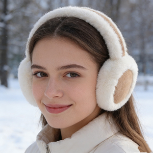 Couvre-oreilles en fourrure de lapin pelucheux beige, cache-oreilles moelleux pour femmes et filles, hiver - Product Image 1